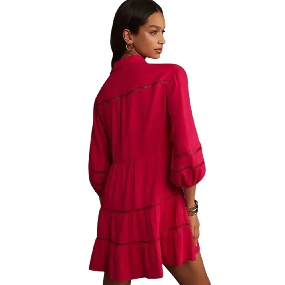 Anthropologie Maeve Bettina Tiered Mini Shirt Dress Linen 1X Hot Pink Raspberry - Picture 2 of 16
